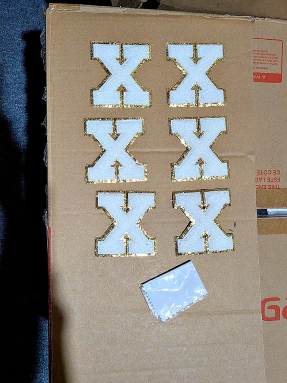 New 6 Pcs White & Gold Chenille Iron On Letter X Patches